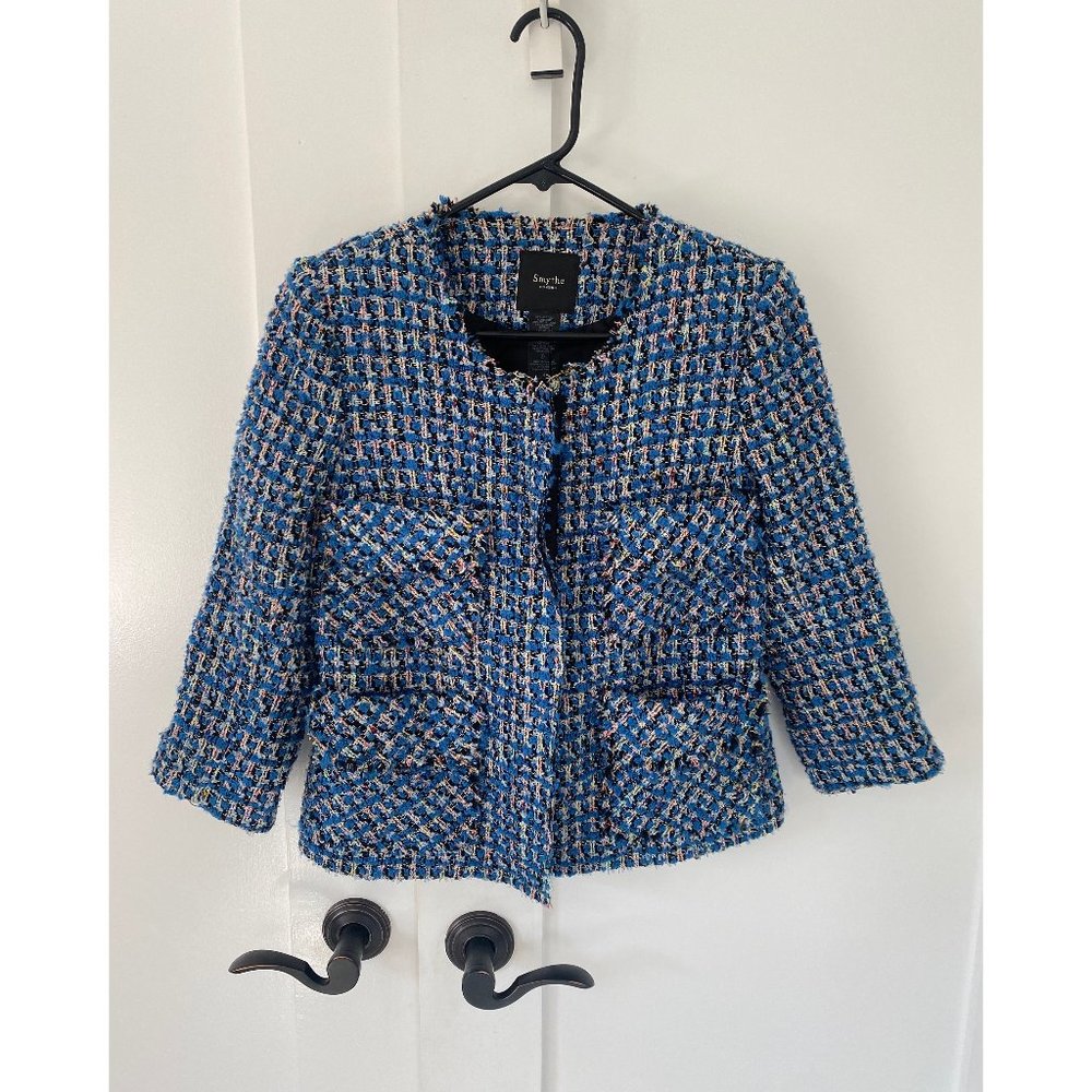 Smythe Les Vestes Blue Houndstooth/Tweed Cropped Jacket